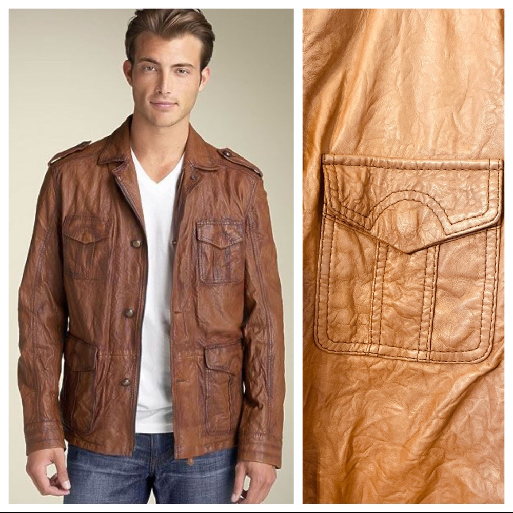 Mens Hugo Boss Crinkled Soft Caramel Leather Biker Moto Lesther Jacket